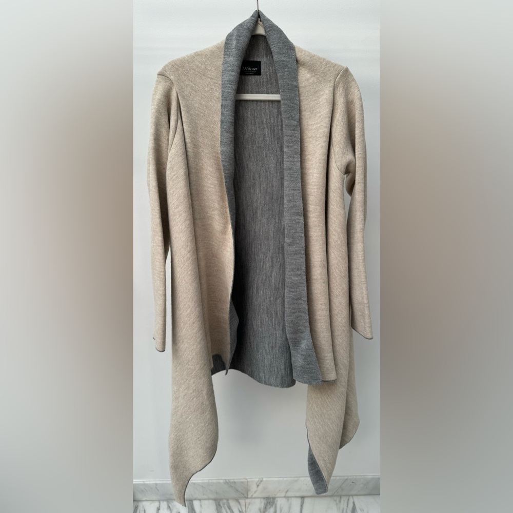 Zara Knit Waterfall Drape Duster Jacket in‎ Tan & Gray, Size M
